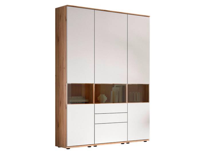 Venda Vitrinenkombination, Weiß, Buche, Kunststoff, 16 Fächer, 3 Schublade(n) Schubladen, 150x215x40 cm, Beimöbel erhältlich, griffloses Öffnen, Typenauswahl, in verschiedenen Holz-Dekoren erhältlich, Wohnzimmer, Wohnwände, Vitrinenschränke