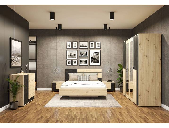 Schlafzimmer Komplett – Set BAFRA (5-teilig) Artisan Eiche Artisan Eiche + Schwarze Norwegische Kiefer