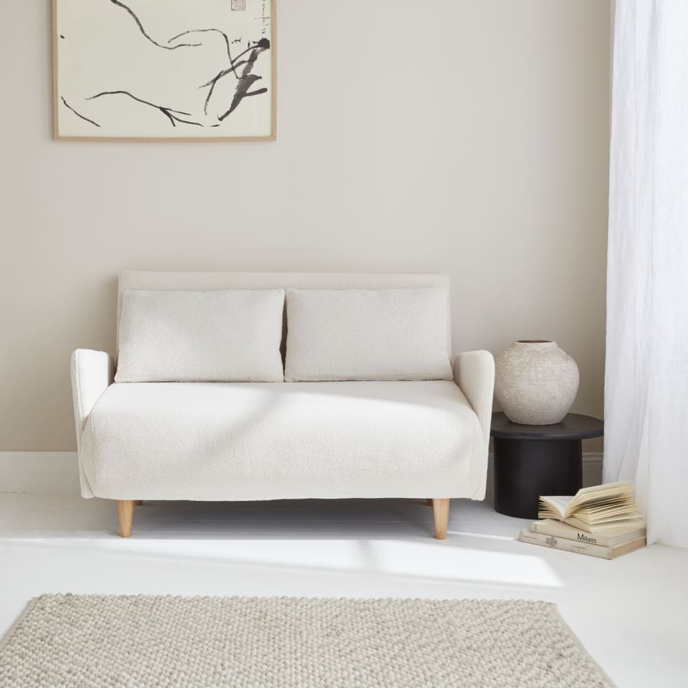 sweeek Canapé convertible 2 places en bouclette blanche Beige 131x81x75cm