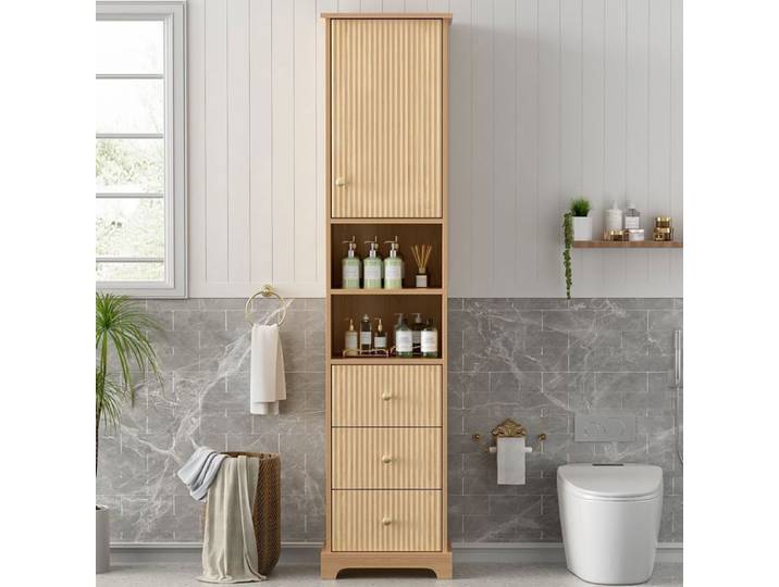 Colonne de salle de bain - ZEMINPEOEL - 40x30x172 cm effet bois naturel 3 tiroirs porte 2 niches étagère réglable