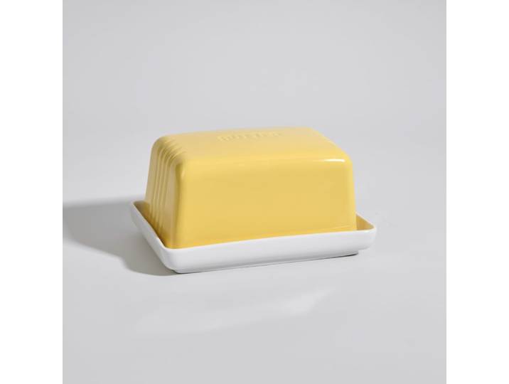 Gelbe und weiße Butterdose aus Steingut