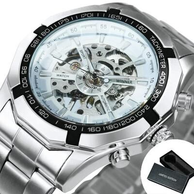 Uplifted Finds WINNER Classic Skeleton Watch For Men Luminous Mechanical Timepiece box Auto Silver White