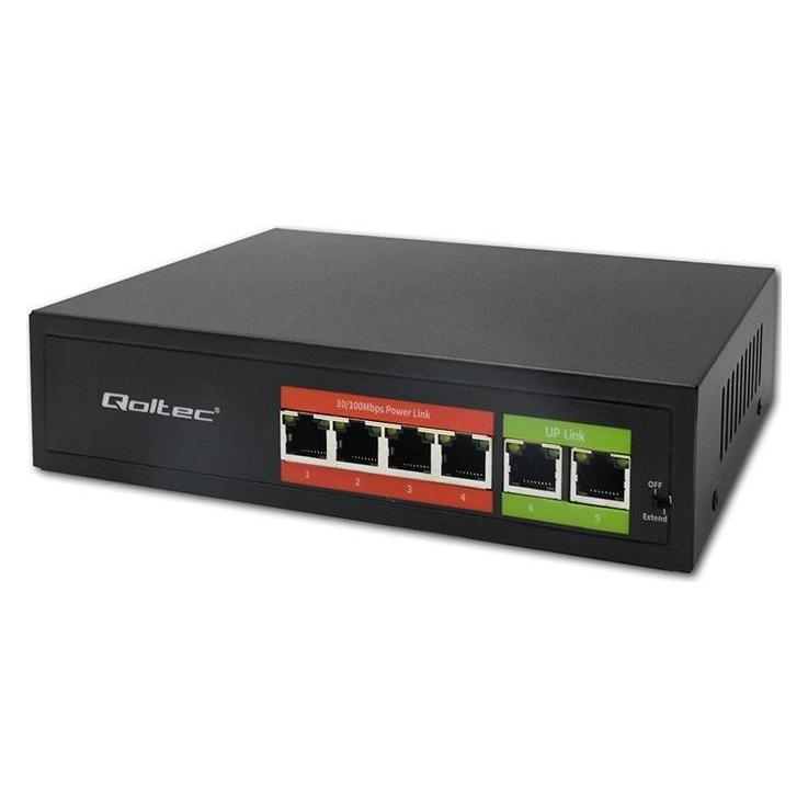 Qoltec Przełącznik sieciowy SWITCH FAST Ethernet PoE | 4x RJ45 | 2x RJ45 Uplink | 65W | 10/100Mb/s (6 Ports) (52289)