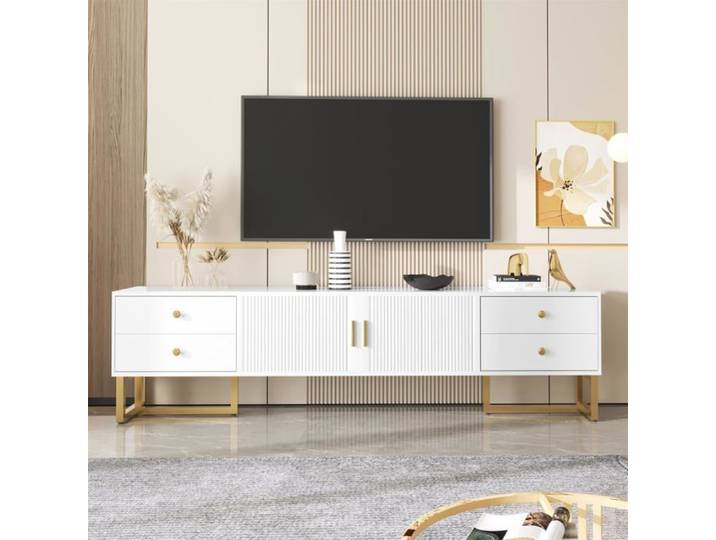 Meuble TV bas avec portes structurées panneau bas armoire avec poignées dorées meuble de salon avec pieds