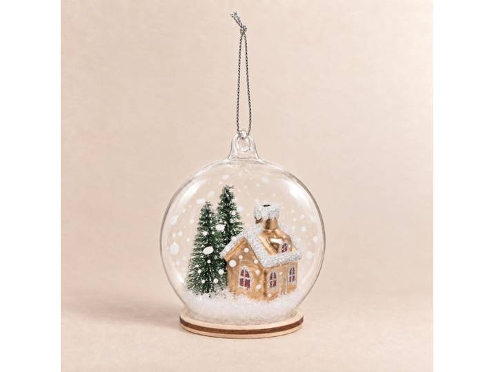 Mehrfarbige, schneeweiße, hausförmige Weihnachtskugel aus durchsichtigem Glas