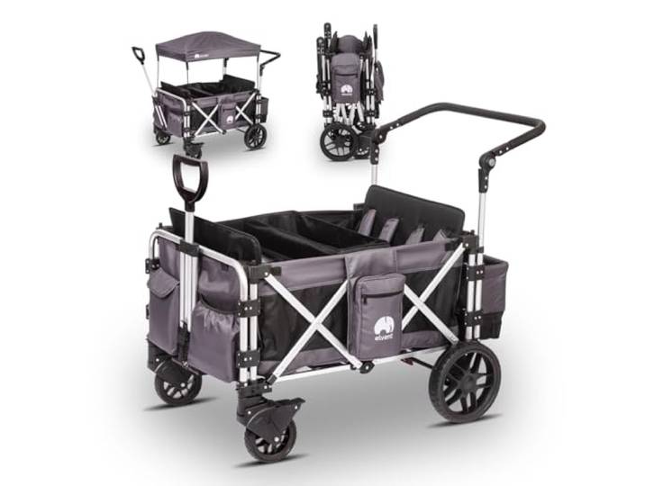 elvent® FamilyStar 4 Sitzer Bollerwagen Handwagen faltbar mit Dach I Sitzpolster, Hecktasche, Feststellbremse, PU-Reifen, 5-Punkt-Gurte für 4 Kinder, Teleskop-Zugstange