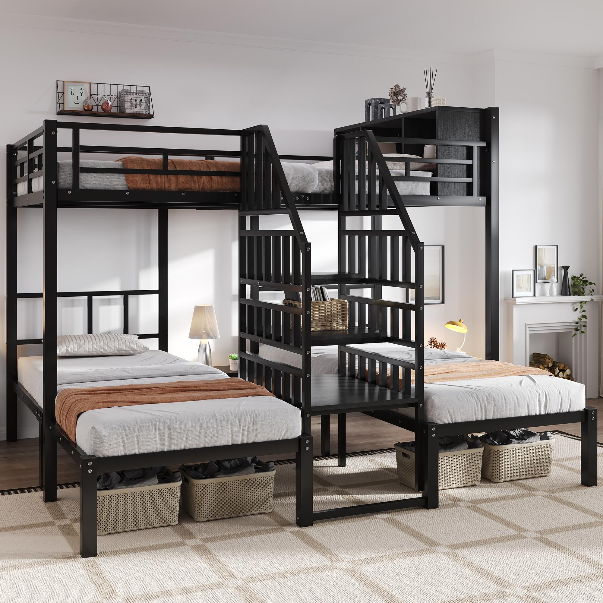 Sweiko Eisenbett, Etagenbett, Mit drei Schlafplätzen, Bequeme Treppe mit Handläufen, Stabile Bettgestellstruktur, Oberes Bett mit Stauraum, Eisen , Schwarz, 90x200cm & 140x200cm