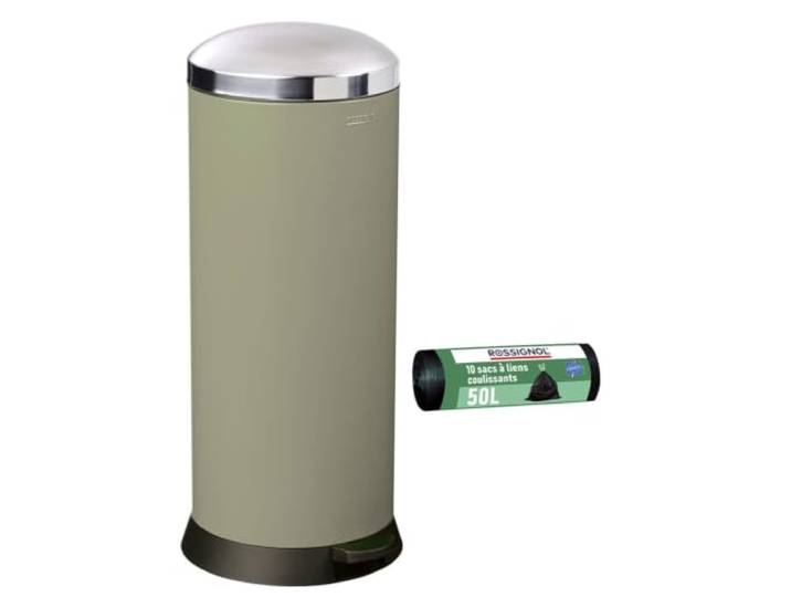 ROSSIGNOL Poubelle de cuisine à pédale et 10 sacs-poubelle. Capacité 30L\, Fabrication française\, Fermeture silencieuse\, Seau intérieur amovible BOMBA