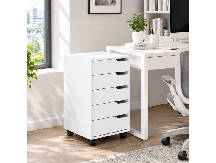 HOMCOM Caisson Bureau 5 Tiroirs Blanc sur Roulettes Rangement