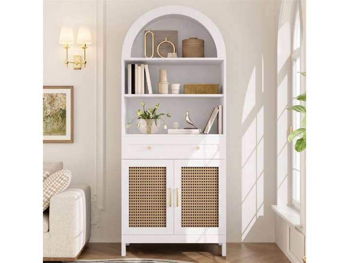 Buffet de cuisine - Buffet Vaisselier Arqué Blanc - Portes en Rotin Style Boho - 3 Niche Ouvertes 1 Tiroir & 2 Portes