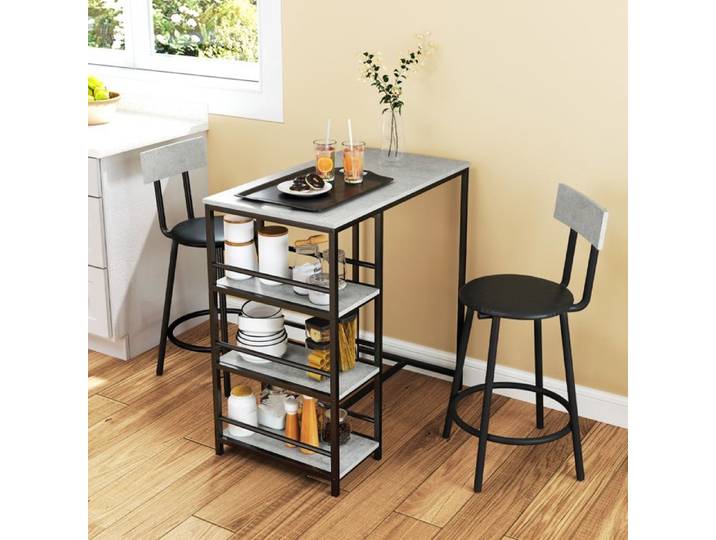 Set bar 3 pièces - PAGE LIVING - Table haute + 2 tabourets - Gris clair - Plateau + 3 étagères - Tabourets rembourrés