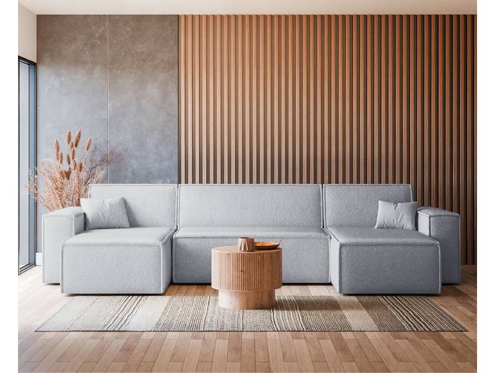 Wohnlandschaft mit Schlaffunktion Grau/Lichtgrau Teddystoff Quila 312 x 83 x 145cm Longchair beidseitig montierbar mit Schlaffunktion Modern