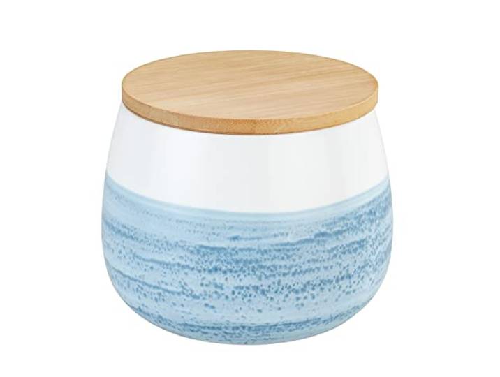 WENKO Aufbewahrungsdose Mod. Mala 0,7 L, hochwertige Keramikdose in Weiß mit Aquarell-Dekor in Blau, FSC® zertifizierter Bambusdeckel mit Silikonring zur luftdichten Aufbewahrung, Ø 13 x 10,5 cm