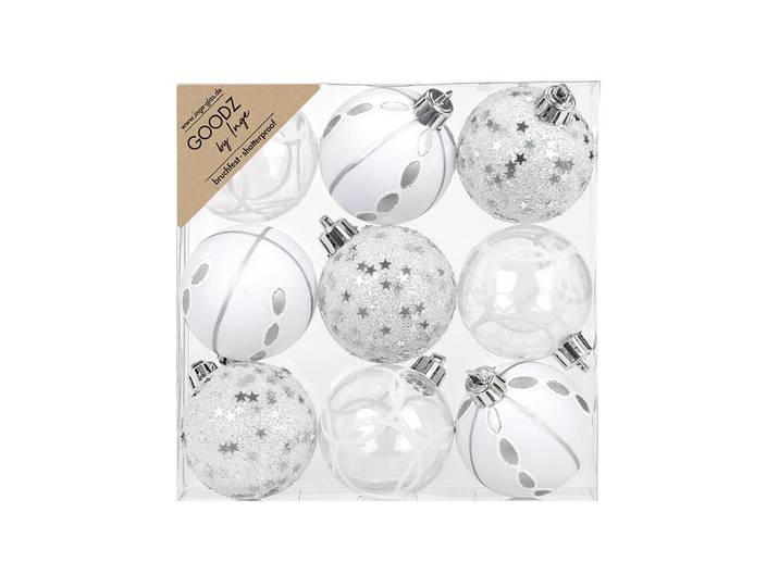 Weihnachtsbaumkugel Inge Weihanchtskugel, Silber-Mix, 9 Stk. , weiss (silberfarben, transparent, weiß), Ø:6cm, Kunststoff, Weihnachtsbaumkugeln, Weihnachtsbaumkugel