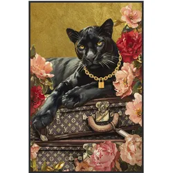 La Casa »Panther on suitcase« Glasbild mit Strassapplikationen 80x120 cm Rahmen schwarz