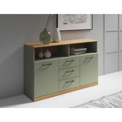 Sideboard OTTO HOME "Ribe,130cm breit,80cm hoch,Türen und Schubladen,6 Fächer", grün (salbei, eiche), B:130cm H:80cm T:35cm, Sideboards, Sideboard, Oberplatte Eiche massiv,schwarze Metall Griffe