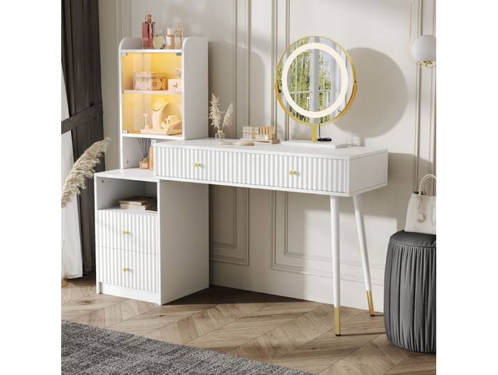 Coiffeuse blanche avec miroir LED tricolore - ELVMI - 4 tiroirs vitrine éclairée niche ouverte 100 × 40 × 125 cm