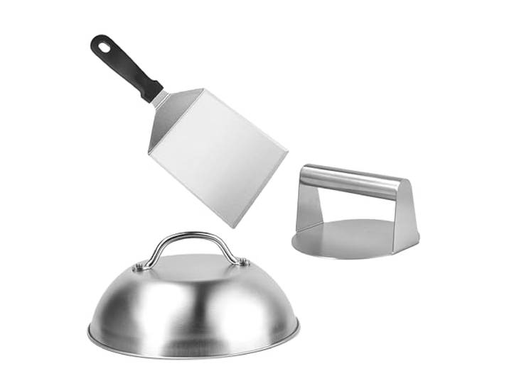 Relaxdays Set Smash Burger\, 3 pièces\, Presse à Hamburger avec Cloche de fondu et spatule\, INOX\, argenté