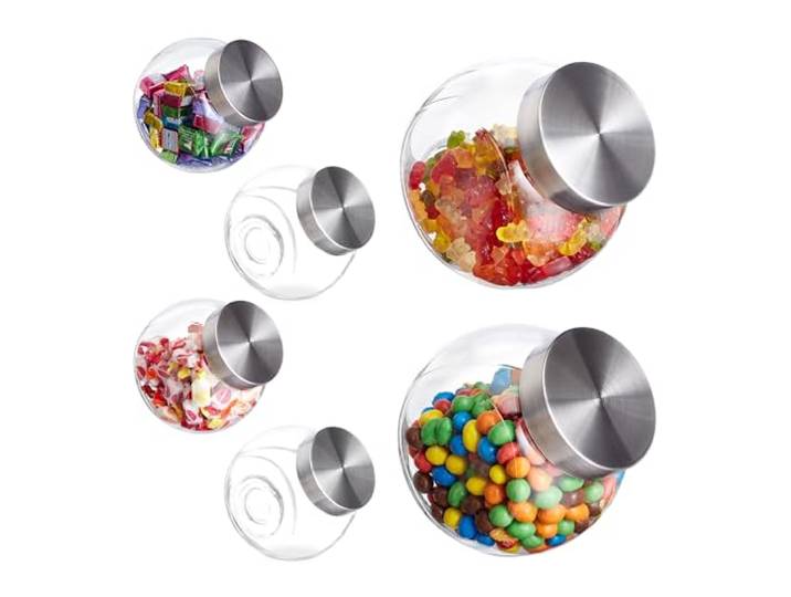 Relaxdays Bonbonnière\, lot de 6\, 1\,5 l chacune\, couvercle en acier inox\, pour friandises (bonbons\, etc.)\, transparente