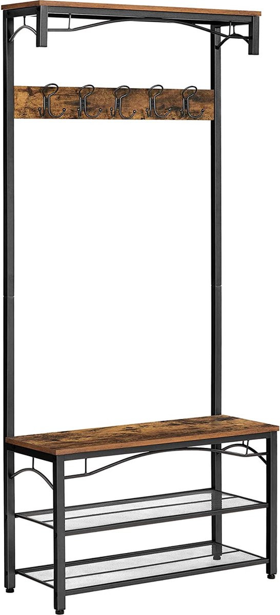 Industriële Garderobe Kapstok met Schoenenrek en Zitbank - Donkerbruin - HSR45BX