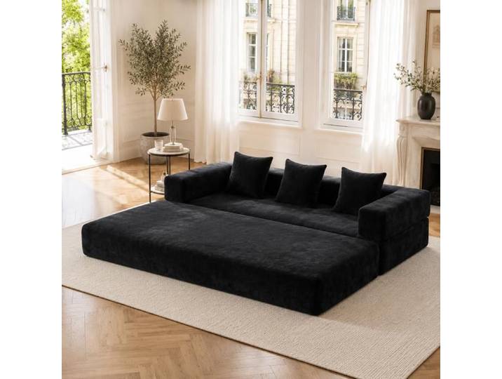 Canapé convertible 3 places - SOGEU - Banquette-Lit - Chenille - Noir - Coffre de rangement