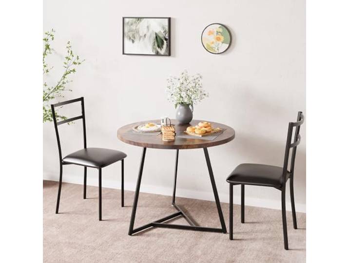 OPULENTHOME Esstisch-Set, Küchentisch und Stühle für 2, Rundes Esszimmer-Tisch-Set mit 2 gepolsterten Stühlen, 3 Stück Küchentisch-Set für kleinen Raum, Wohnung, Studio, Braun