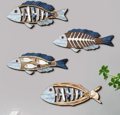 Uplifted Finds Artisanal Carved Wood Fish Quartet   4 Piece Marine Sculpture Set For Coastal Home & Nautical Wall Decor Artisanal Carved Wood Fish Quartet   4 Piece Marine Sculpture Set For Coastal Home & Nautical Wall Decor