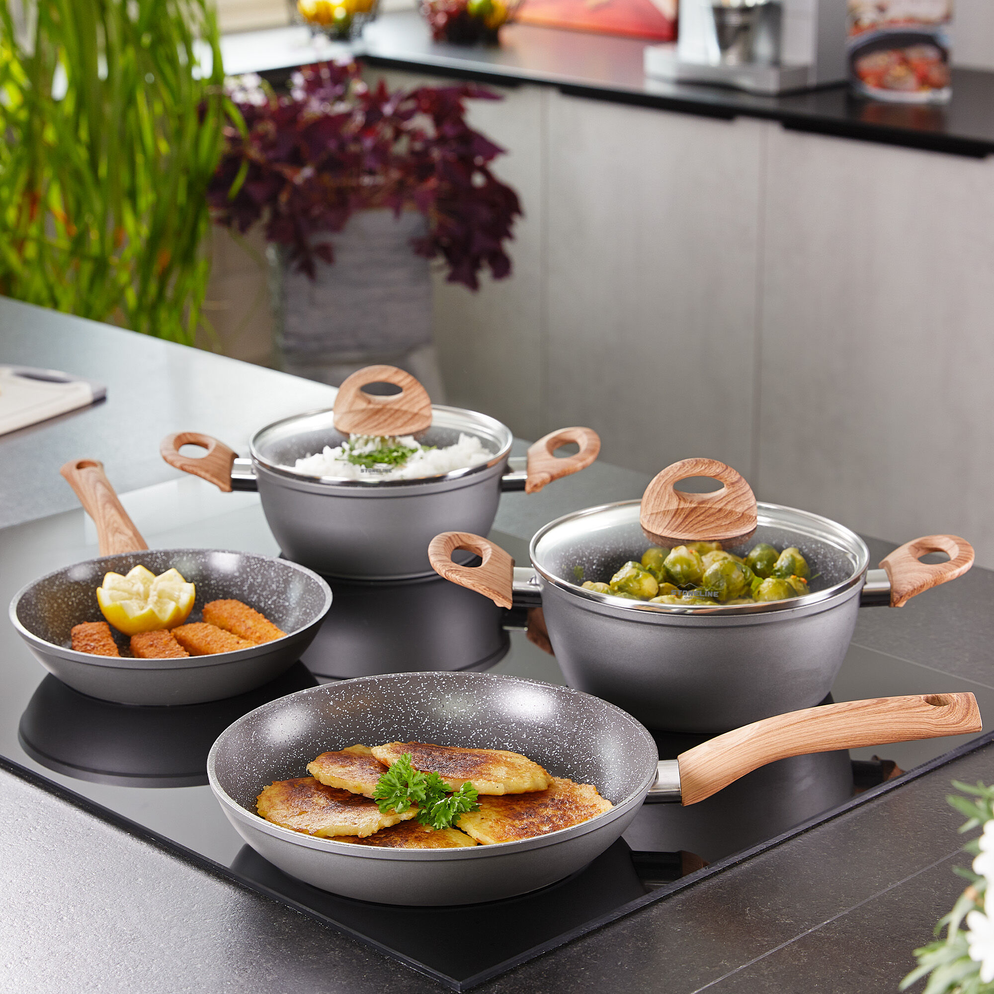 Topf-Set STONELINE "STONELINE 17-teiliges Koch-Set, mit Glasdeckeln", grau (grau, holzfarben), Töpfe, mit echten Steinpartikeln, induktionsgeeignet