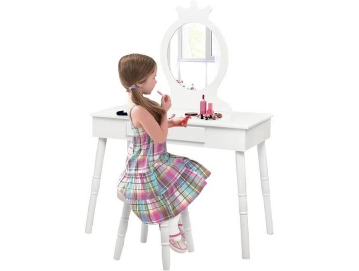 GOPLUS Coiffeuse pour enfants avec tabouret coiffeuse et chaise table cosmétique avec miroir et tiroir également comme bureau Blanc