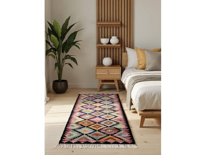 Hanse Home Afghan Kelim Teppich Zara - Bunter Traditioneller Teppich Handgewebt, Wolle & Baumwolle, Afghanischer Stil Oriental mit Fransen für Wohnzimmer, Schlafzimmer - Schwarz Multi, 60x190 cm
