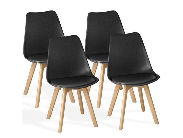 Chaise - Bealife - Pied Bois Massif - Pied Antidérapant Anti-pluie - Salle à Manger - Scandinave - Dossier - Lot de 4 - Noir