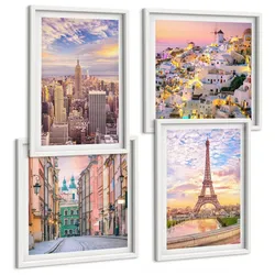 BILDER SET 4er Set - 50x50 cm & 40x60 cm Weißer Rahmen - New York Paris Oia Warschau Dämmerung