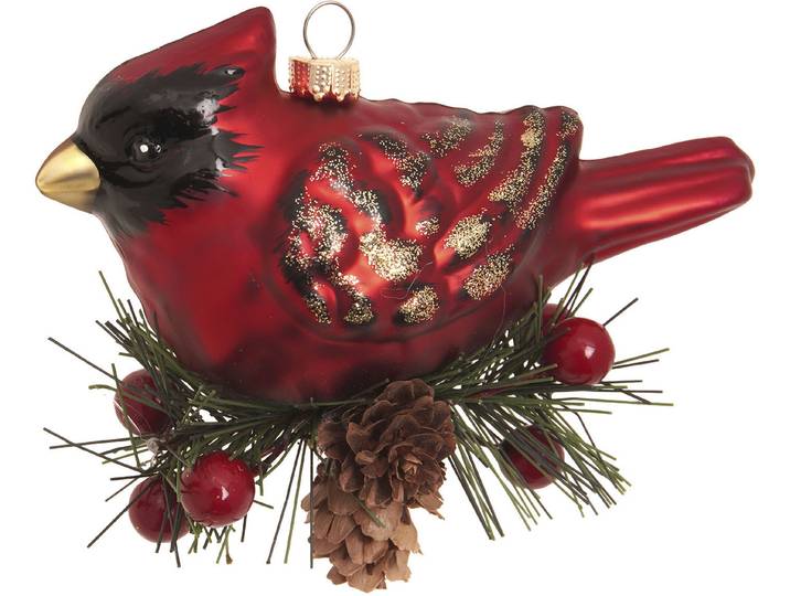 Weihnachtsbaumkugel KREBS GLAS LAUSCHA Baumschmuck Kardinal Vogel auf Zweig rot 9cm , rot, B:7cm H:10cm T:13cm Ø:13cm, Glas, Weihnachtsbaumkugeln, Weihnachtsbaumkugel, Dekoriert mit Liebe zum Detail