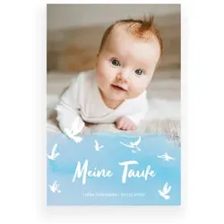 Einladungskarte Taufe: Weißes Täubchen mit Foto in Hellblau