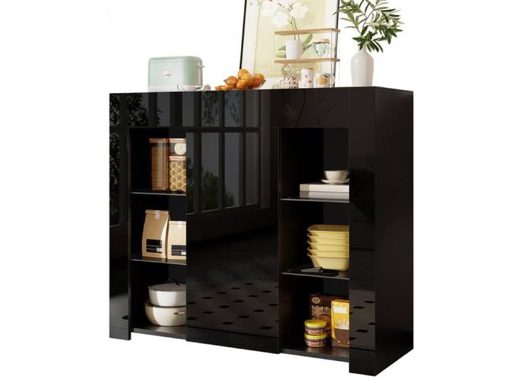 Buffet Noir avec Façade Brillante - Solution de Rangement Compacte et Élégante avec Étagères en Verre et Porte Armoire - 95x35x83