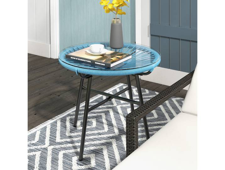 Outsunny Table Jardin Ronde Rotin Métal Verre Ø50cm