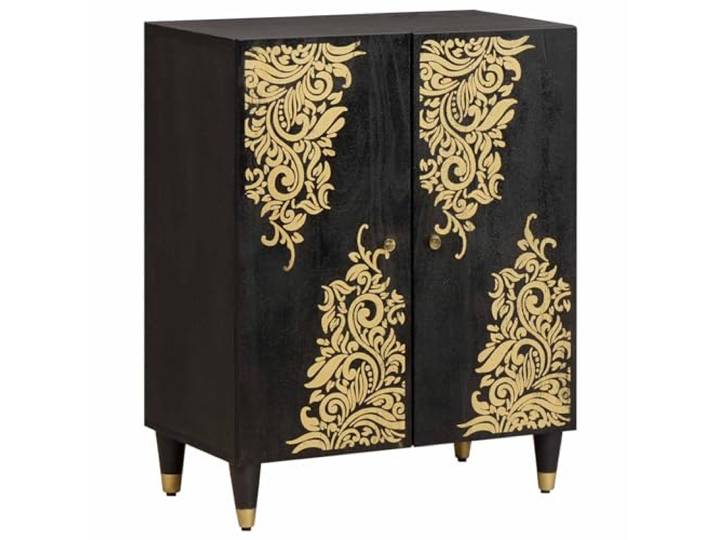 HPUYRFG Sideboard Schwarz 60 x 33 x 75 cm Massivholz Mango Kommode Messingdetails, goldener Siebdruck, Stauraum, Esszimmer, Wohnzimmer