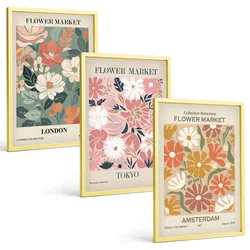 BILDER SET 3er Set - 40x60 cm Goldrahmen - Blumenmuster London Tokio Amsterdam