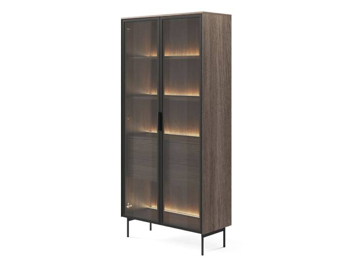 Vitrine avec 2 tiroirs et éclairage led, aspect chêne foncé, 91 cm