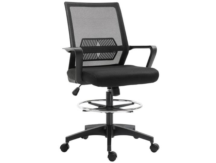Vinsetto Bürostuhl Ergonomischer Schreibtischstuhl verstellbarer Fußring, Wippfunktion, Schwarz, Kunststoff, 59x124x64 cm, Büromöbel, Bürostühle, Drehstühle