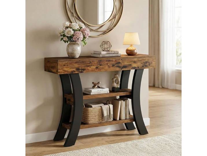 Petite Table Console de 105cm pour entrée-Table de canapé Rustique à 3 Niveaux avec étagères de Rangement et Cadre incurvé
