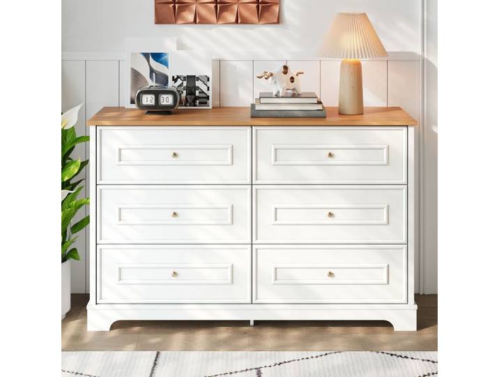 Commode 6 tiroirs - Becag - Commode de chambre - Armoire de rangement - Style moderne - 120x40x76cm - Blanc