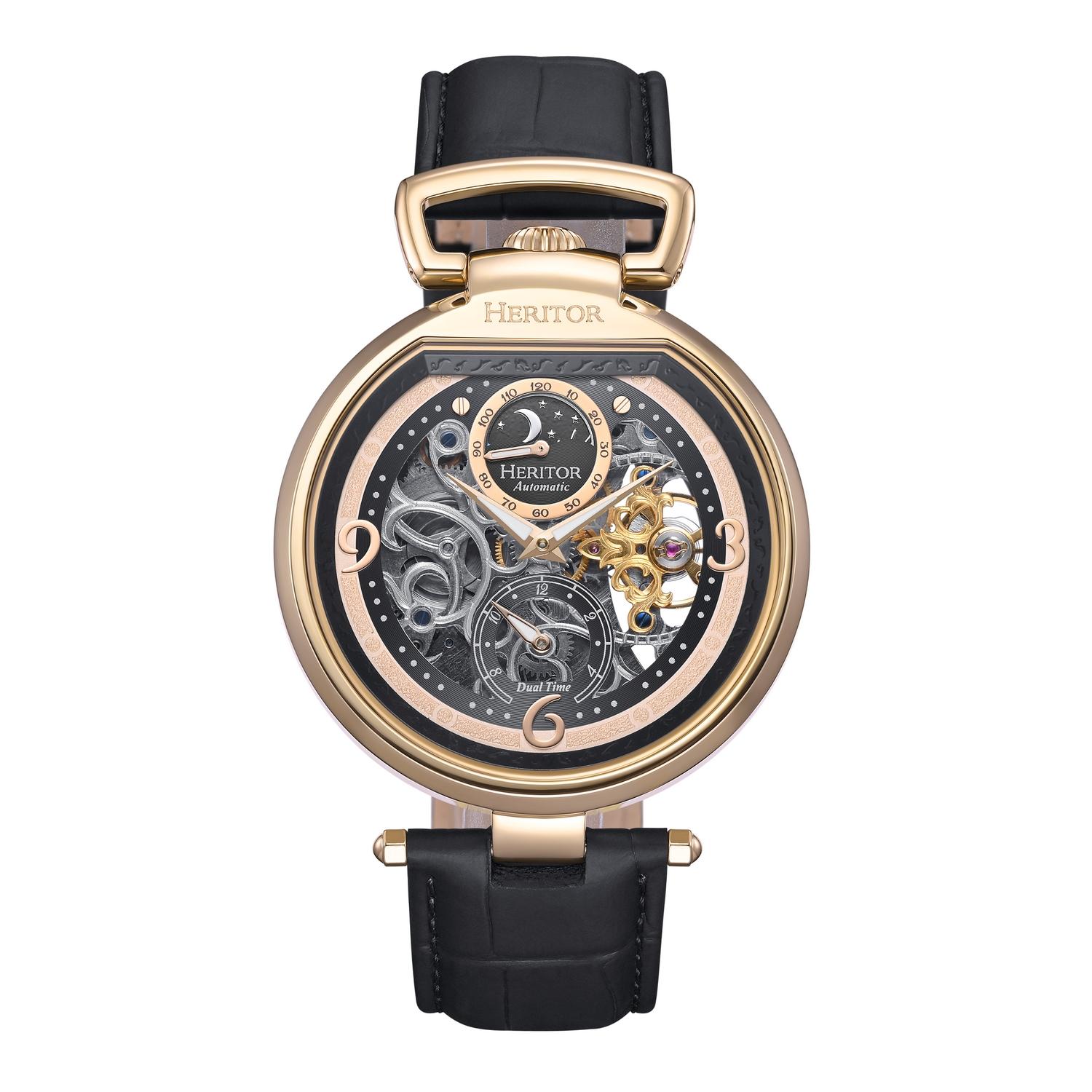 Heritor Automatische Lincoln-Skelettuhr mit Lederarmband und Mondphase