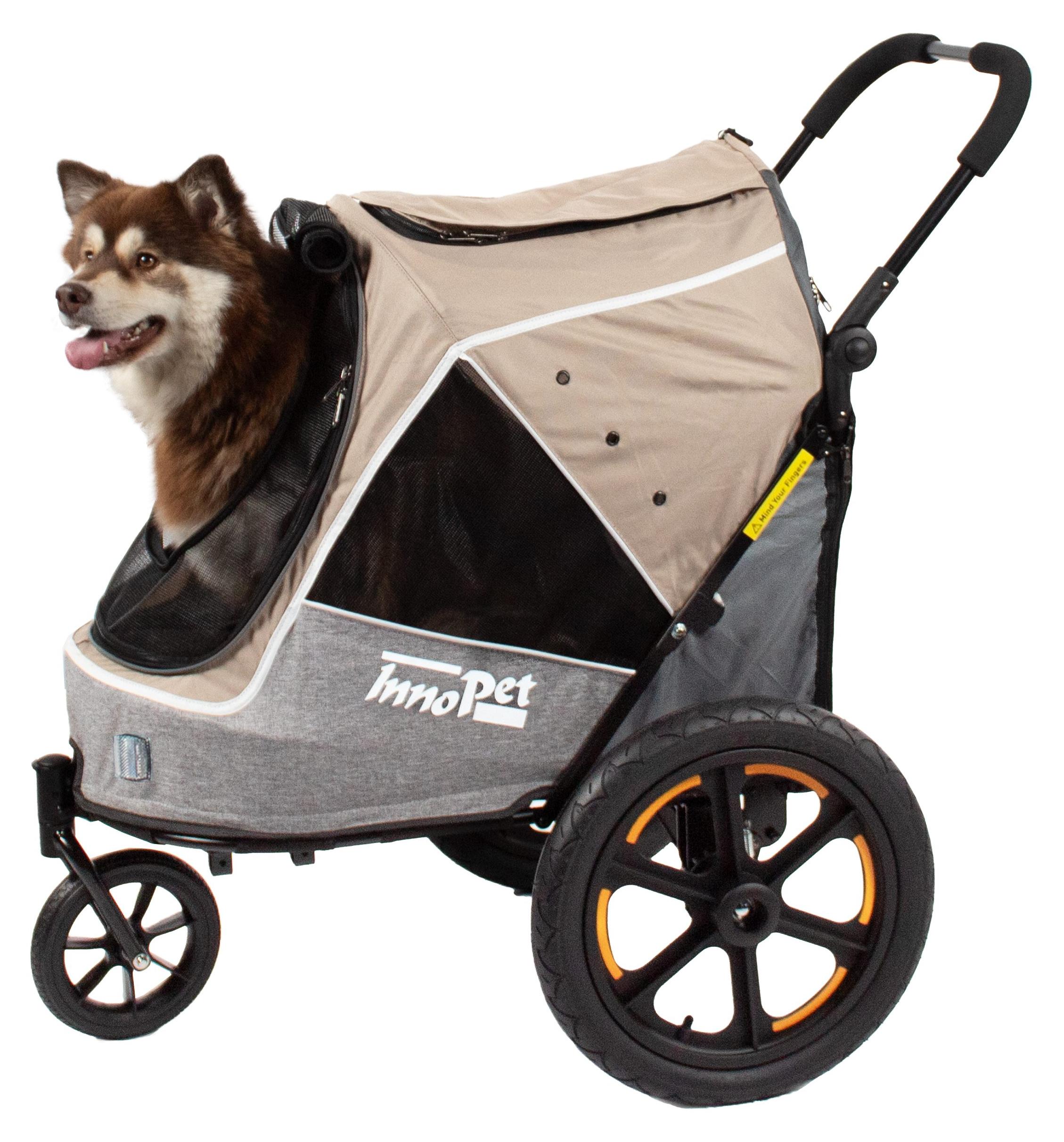 Hundebuggy und Fahrradanhänger für Hunde - Innopet Sporty Evolution Latte 2-in-1 - Beige/Grau - Reflektoren & Sicherheitsleinen - Hundewagen für alle Untergründe