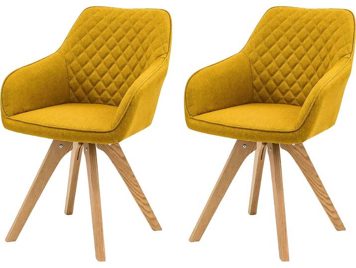 Esszimmerstuhl SALESFEVER Bequemer Stuhl , gelb (gelb, holzfarben), B:59cm H:88cm T:61cm, Metall, Polyester, Stühle, Esszimmerstuhl, Elegantes 2er-Set, Rückenlehne mit Diamantsteppung
