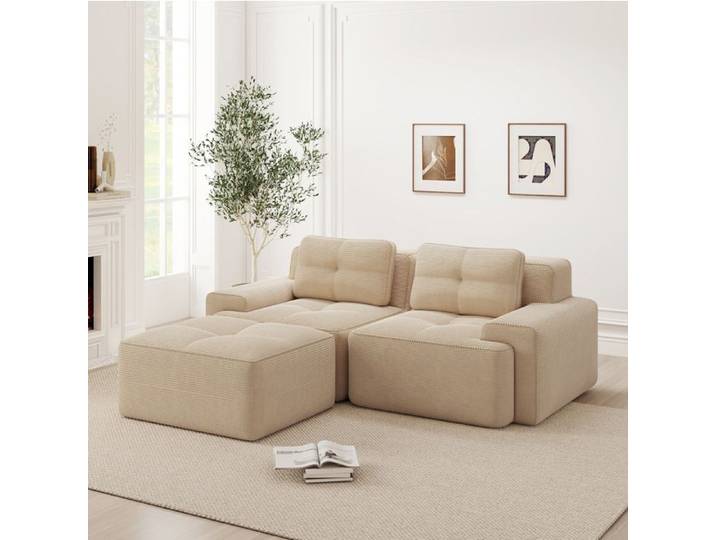 ELVORIN Boneless sofa modulable en corduroy beige assise profonde de 74 cm style bas et coins arrondis 3 colis