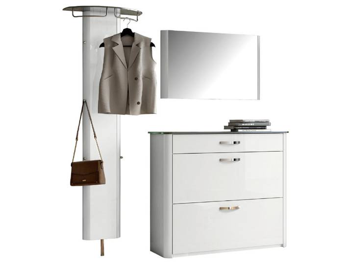 Moderano Garderobe, Weiss, Alufarben, Metall, Glas, Holzwerkstoff, 3-teilig, 200x192x34 cm, Garderobe, Garderobensets & -serien, Garderoben-Set
