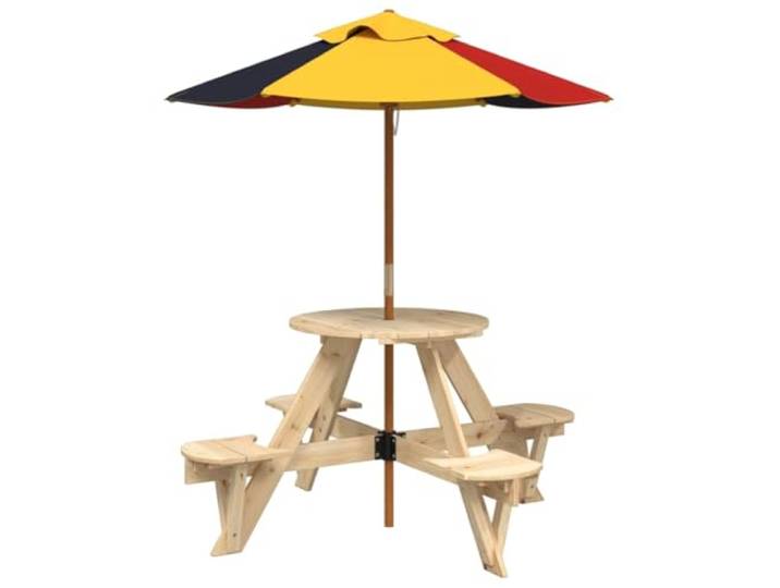 Picknicktisch, rund, für Kinder, mit Sonnenschirm, Massivholz, 4-Sitzer 2-in-1-Set, Sonnenschirm aus Polyester inklusive, Verwendung im Freien, Aufsicht durch Erwachsene erforderlich