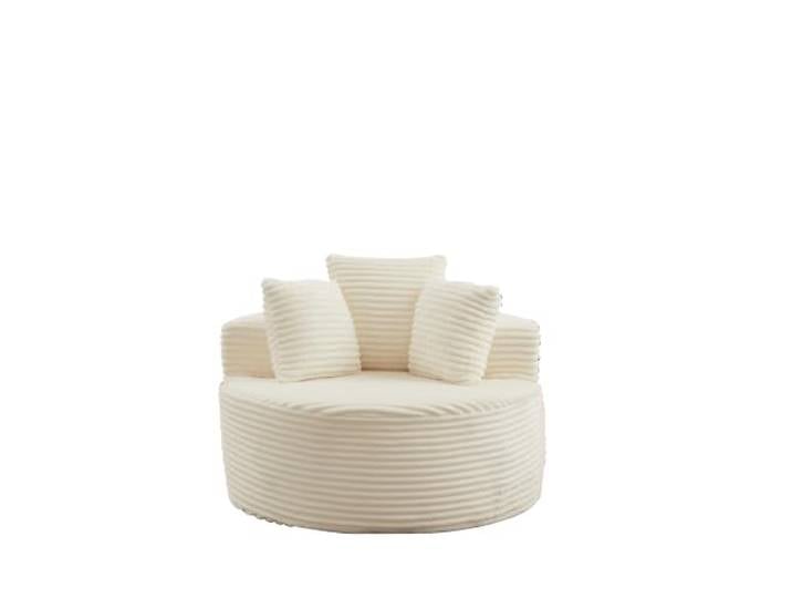 FurnitureR Rundsessel Beige aus Cord mit Federkern, 110 cm Geräumiger Loungesessel mit Cordbezug, Schaumstoff, Federung und 3 Kissen für Wohnzimmer, Schlaf- oder Lesezimmer