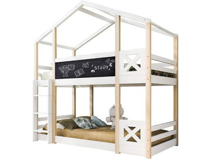 Lit superposé en bois pour 2 enfants 90 x 200 cm en forme de maison lit mezzanine avec échelle